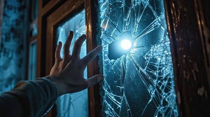 Hand reaching through a shattered glass window, bathed in moonlight, attempting to unlock a door from the inside. The broken glass adds an element of risk and urgency, highlighting the tension . - obrazy, fototapety, plakaty