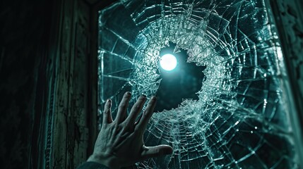 Hand reaching through a shattered glass window, bathed in moonlight, attempting to unlock a door from the inside. The broken glass adds an element of risk and urgency, highlighting the tension . - Powered by Adobe