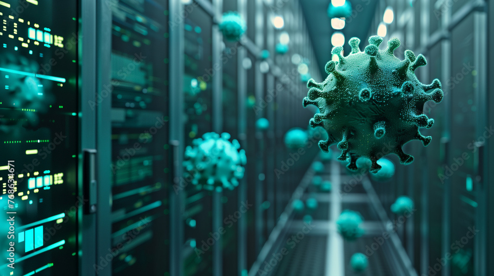Poster server computer virus and malware, cybersecurity concept