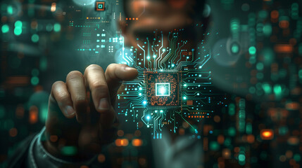Fototapeta premium businessman pointing to semiconductor, semiconductor industry concept