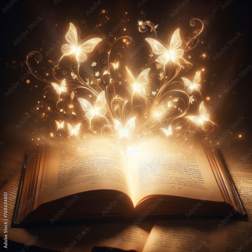 Poster a magical open book radiates a swarm of glowing butterflies, creating a fantastical scene filled wit