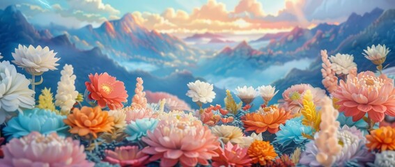 landscape of multicolored flowers watercolor painting style