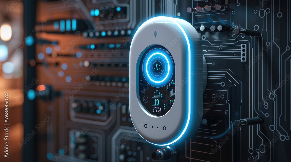 Poster a white ring door motion sensor, with a circuit board background, sleek and modern design style, tec