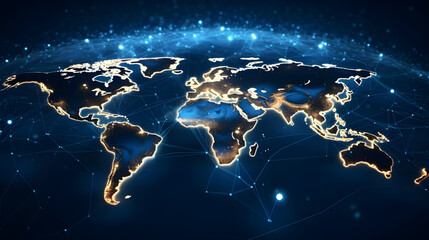 The abstract digital world map outlines the concept of global connectivity, data transfer, cyber technology, information exchange, and communication.