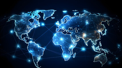 The abstract digital world map outlines the concept of global connectivity, data transfer, cyber technology, information exchange, and communication.