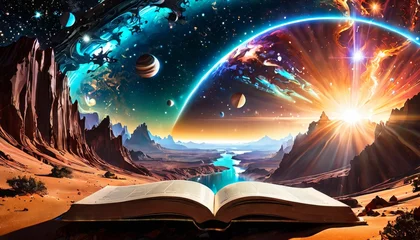 Fotobehang An open book rests on a desert surface, giving rise to a stunning celestial panorama with vibrant galaxies, planets, and a luminous sunburst. AI generation © Anastasiia