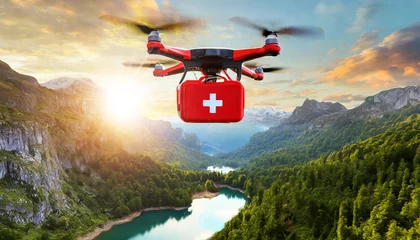 Foto op Canvas Closeup of a drone with a red first aid kit flying over a mountain landscape with green forest, small lake and valley at sunset or sunrise. Mountain rescue concept. Generative Ai.  © Alberto Masnovo