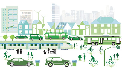 Obraz na płótnie Canvas Stadtübersicht mit Straßenverkehr, und Schienenverkehr und Häusern, Information illustration