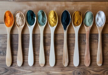spoons, different colored sands inside each, on wooden floor, kitchen decoration, table, modern