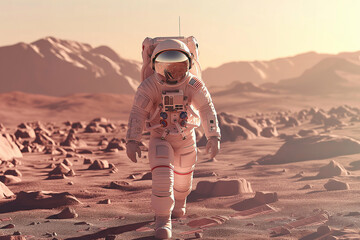 An astronaut on Mars studies the planet and atmosphere. Colonization of Space