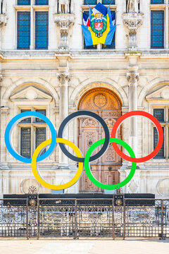 Olympic rings of Paris 2024 summer games on Place de l'Hotel de Ville square in Paris, France