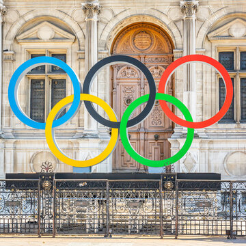 Olympic rings of Paris 2024 summer games on Place de l'Hotel de Ville square in Paris, France