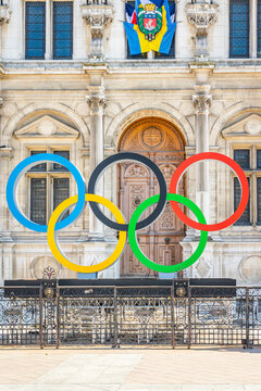 Olympic rings of Paris 2024 summer games on Place de l'Hotel de Ville square in Paris, France