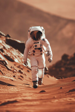 An astronaut in a spacesuit walks around the red planet and studies its mountains and deserts. Colonization of Mars