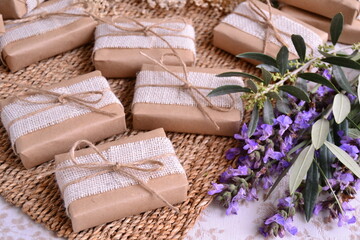 Wedding favors purple natural color decoration brown craft gift box with white burlap and jute...