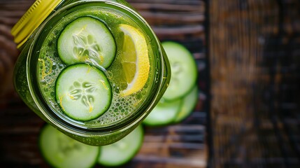 Close-up of a green smoothie in a mason jar, adorned with slices of cucumber and a lemon twist, set against a rustic wooden background, embodying wholesome lifestyle - obrazy, fototapety, plakaty