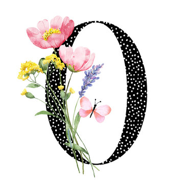 Number 0 with watercolor wild flowers hand painting. Perfectly for childbirth, anniversary, wedding invitation, greeting card, logo, poster and other floral design. Isolated on white background.