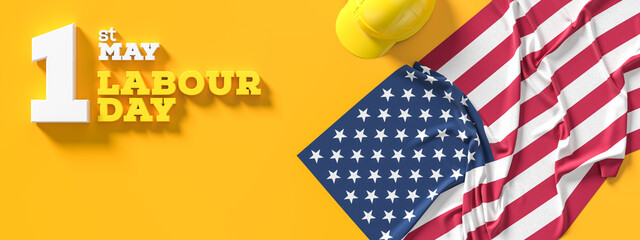 Labour day background design with American flag isolated on yellow background. 1st May Labour day background. 3D illustration - 768637027