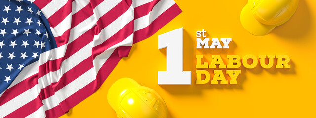Labour day background design with American flag isolated on yellow background. 1st May Labour day background. 3D illustration - 768637039
