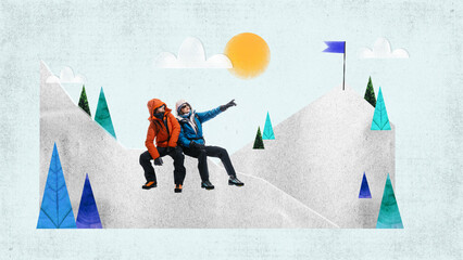 Young man and woman sitting on peak of mountain and talking. Friends mountaineering together in...
