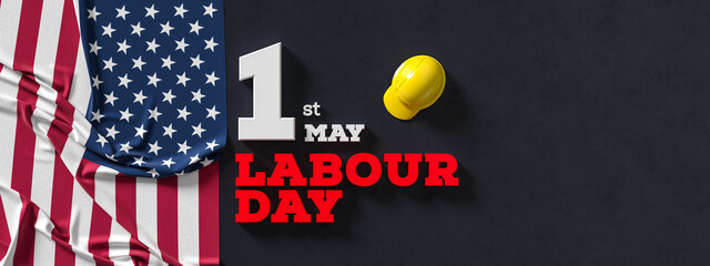 Labour day background design with American flag isolated on dark background. 1st May Labour day background. 3D illustration - 768637651