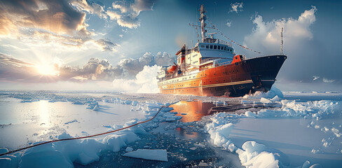 A brand new steel ship sailing into the ice, the ice breaking, the sky is blue. Generative AI.