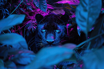 Panther in the jungle. Neon purple blue light