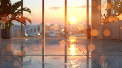 The sun sets, casting a warm glow and reflections across the glossy floor of a contemporary glass-walled building.