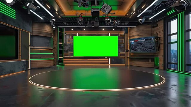 A high-tech newsroom with a green screen.