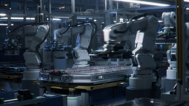 Time-lapse of Automated Production Line with White Robotic Arms. Lithium-Ion EV Battery Pack for Automotive Industry Assembly Process. Electric Car Smart Factory. Manufacturing Line with Robot Arms