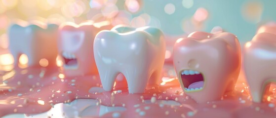 Animated 3D teeth coated with fluoride, demonstrating effective cavity prevention techniques - obrazy, fototapety, plakaty
