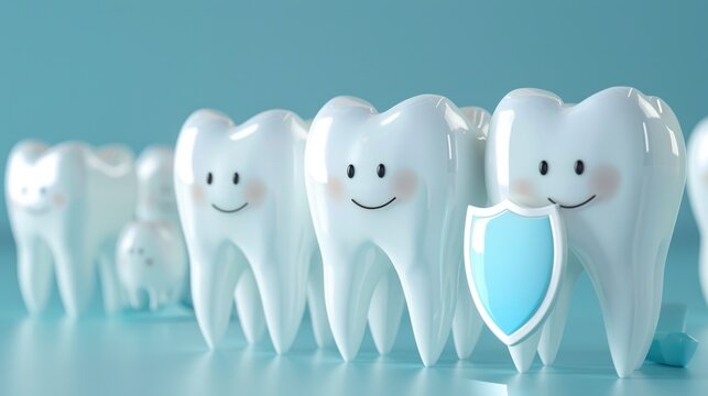 3D teeth set with fluoride shield, symbolizing the fight against cavities and decay