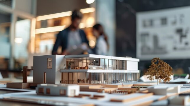 Architects in an office setting, collaborating on blueprints with a small model building as their focus