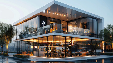 Cafe two floors modern, exterior glass material. Generative AI.