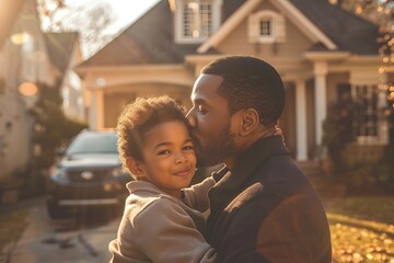 Illustration of father showing his love to his son in front of the house under the warm morning sun. Use it to promote Father's Day activities or presentation projects to promote family relationships.