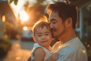 Illustration of father showing his love to his son in front of the house under the warm morning sun. Use it to promote Father's Day activities or presentation projects to promote family relationships.