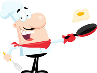 Happy Chef Man Cartoon Character Holding A Frying Pan With Egg. Vector Illustration Flat Design Isolated On Transparent Background