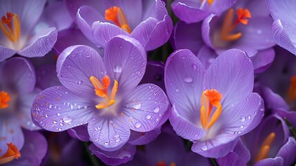 Purple crocus flowers in Arlington, Massachusetts, with orange pistil and stamens.