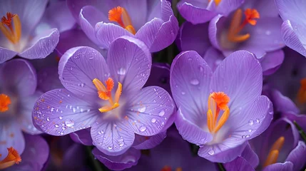 Poster Purple crocus flowers in Arlington, Massachusetts, with orange pistil and stamens. © Suleyman