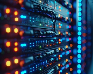 Macro shot of a server rack in a data center, focusing on the network interface cards and cable management for efficient data flow , cinematic - obrazy, fototapety, plakaty