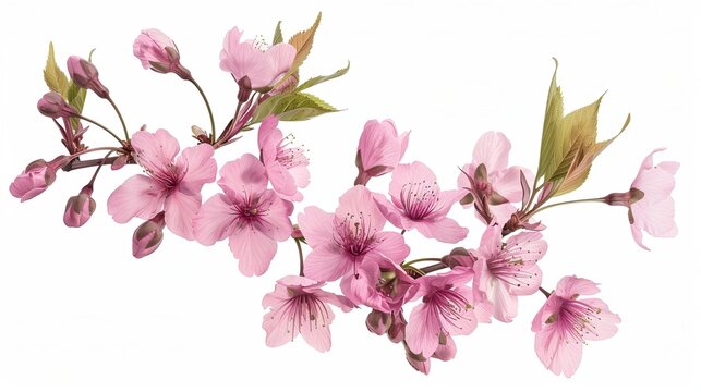 Realistic pink sakura cherry blossom bouquet, with isolated petals, branches and leaves. Perfect for spring-themed designs featuring illustrations of blooming trees.