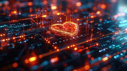 A close-up of a minimalist heart rate monitor screen displaying futuristic cardiac data and vital signs. Generative AI.