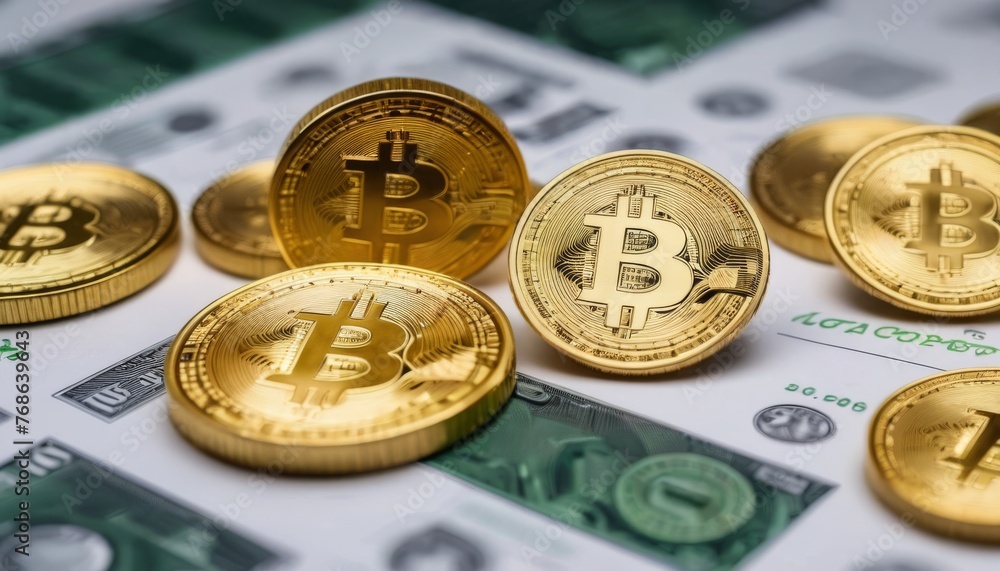 Poster a close-up of multiple bitcoin coins spread over us dollar bills, highlighting the intersection of c
