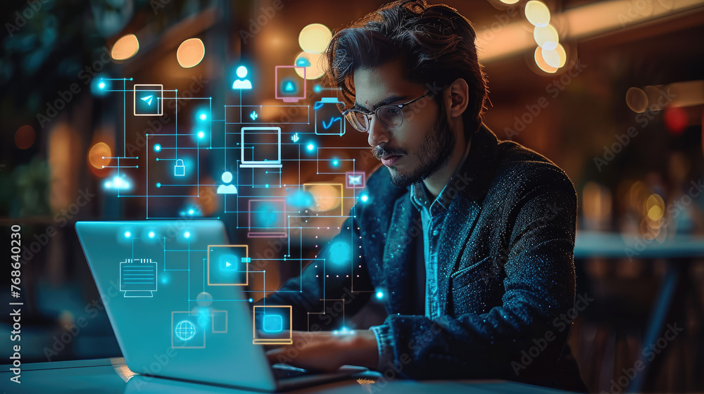 Poster ai social media icons and reflections from the screen of a handsome young businessman sitting and wo