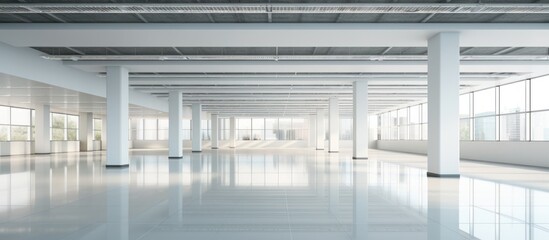 The room is vast and empty, filled with natural light pouring in through numerous large windows. The modern interior of an office building is evident, with clean lines and minimalistic design. - obrazy, fototapety, plakaty