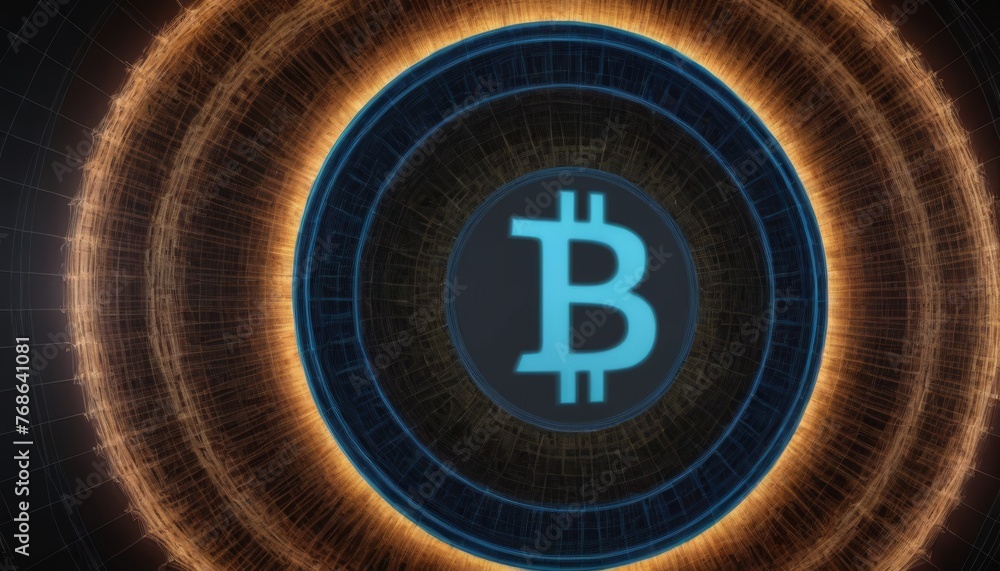 Poster an abstract visual concept of a bitcoin core, surrounded by concentric rings, set against a dark bac