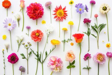 Various colorful flowers on a white background