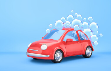 Red car with soap bubbles on blue background. Car washing service concept