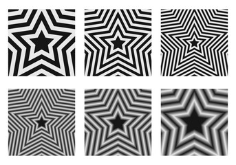 Set of concentric stars backgrounds. Trendy y2k patterns in black and white colors. Groovy psychedelic wallpaper designs. Aesthetic posters with hypnotic effects. Vector graphic illustration - obrazy, fototapety, plakaty