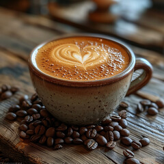 gros plan d'une tasse de café avec à l'intérieur un coeur en mousse et posée sur une table en bois et des grains de café